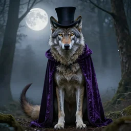 Tall emaciated man wolf hybrid, covered in matted fur, he has yellow wolf eyes, a long bent rat like tail, long coyote like ears, and is Wearing a purple velvet cape and Top Hat, Atmospheric Full Moon, beautiful foggy Forrest, highly realistic, Rick Baker style, photoreal, photograph in the style of Annie Leibovitz, artstation
