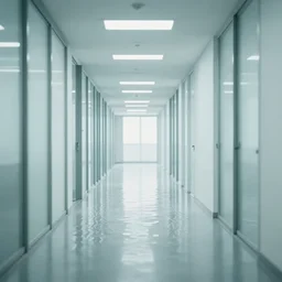 Beautiful soft liminal Photograph of an infinite infinite office hallway, water on the floor