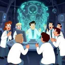 engineers and scientists in labcoats confront a malevolent computer, glowing digital runes, panic, ross tran, ( futurism ), rhads!!!, james gurney, ( art fitzpatrick ), ( asaf hanuka ), ( ( barclay shaw ) ), ominous, saturday morning cartoon, clean linework, western animation