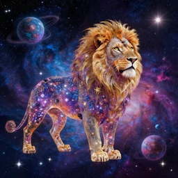a lion made of stars in space, vibrant colors, nebulas and astral objects, elegant, very detailed, epic fantasy art, very colorful, ornate