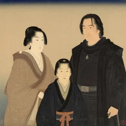 family portrait of duke leto atreides lady jessica and prince paul atreides, dune, father mother and son, three figures, detailed, solemn, commanding, powerful, in the style of yamato - e, traditional japanese, tosa school, tosa mitsuoki, tosa mitsunobu, iwasa matabei.