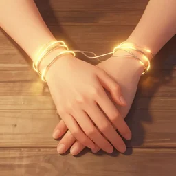 a beautiful illustration of two hands touching, bound by a glowing hot wire wrapped around the wrists, background a wooden table surface, bird's view, octane render, 8 k, artstation