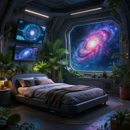 a futuristic room in a space station, a large bed and screens, lush plants, a colorful nebula can be seen through a window, moody lighting, trending on Artstation, very detailed, Gigapixel, in the style of Guardian of the Galaxy