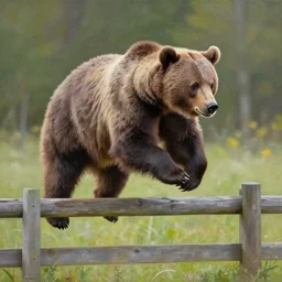 bear jumping a fence painting, realistic, 4 k