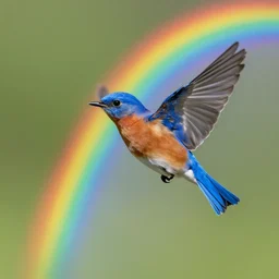 eastern bluebird flying beneath a rainbow, digital art
