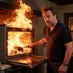 guy fieri with exploding oven on fire