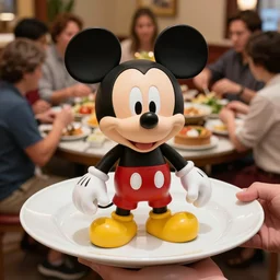 mickey mouse on a porcelain tray at a buffet for 5 0 people, photo, photorealistic, realistic, detailed, high quality, high resolution, 8 k, hdr, 8 k quality, 8 k resolution