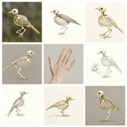 montage of style sheets, bird skeletons, hand drawn, by acorn naturalists