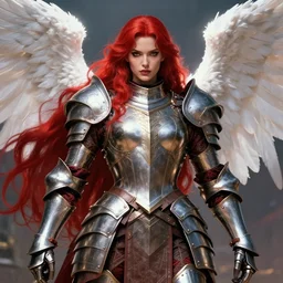 an epic portrait of Alexandra Daddario as a tall female warrior with massive plate armour by Stanley Artgerm Lau, Diego Gisbert Llorens, Mark Brooks, Charlie Bowater, no helmet, big white glowing wings, long red hair, very detailed face, insanely detailed and intricate, vivid and vibrant, highly detailed, cinematic lighting, concept art, artstation