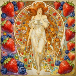 an intricate oil painting of a beautifull woman surounded by hiper detailed strawberry, blueberry, melting colorfull wax, colorfull, excelent composition, wide shot, by yoshitaka amano, by greg rutkowski, by alphonse mucha by jeremyg lipkinng, by rhads, by ross tran, by artgerm, octane render