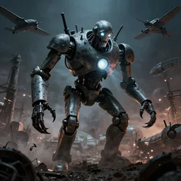 giants creepy robot, battlefield, glowing light, beksinski, world war 2, overload, plane, dark, photorealistic