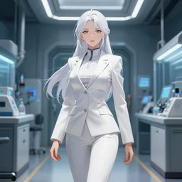 a beautiful woman with white hair, wearing white suit, standing inside a research facility, character art, anime key visual, official media, illustrated by wlop, extremely detailed, 8 k, trending on artstation, cinematic lighting, beautiful body