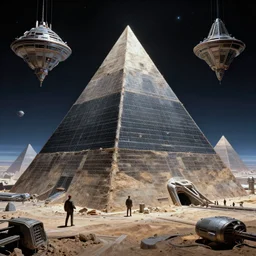 science - fiction technological scientific pyramids in space by syd mead, john harris, detailed, cinematic,