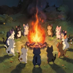 cinematographic drawing of a group of cats dancing around a fire, ghibli, hayao miyazaki