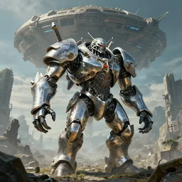 highly detailed elden ring portrait photo of a huge chrome plated robotic golurk mumakil in scenic dystopian environment. an even bigger massive geometrical spacecraft lift off in the background, hyperrealistic illustration by william didier - pouget