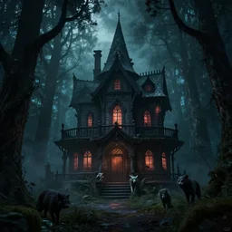 the scariest witches house in the scariest dark forest, scary animals in the forest, epic scene, dark, scary, horror, frightening, fantasy, cinematic, redshift render, cgi, hyper - detailed, photo - bash, 8 k post - production, masterpiece