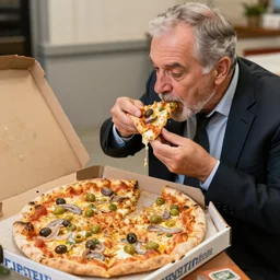 my old manager eating a disgusting pizza covered in olives and anchovies from the trash