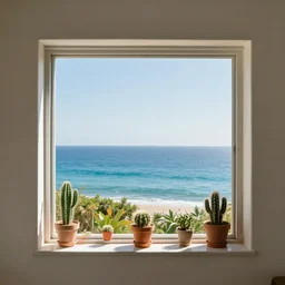 view from inside a house on window with on it's border small cactus in pots and the ocean in background.