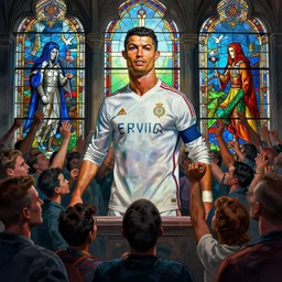 the temple of football in which the crowd worships cristiano ronaldo, cyberpunk, stained glass windows, social realism, painted by greg rutkowski and noriyoshi ohrai and michael kaluta, 8 k, high quality