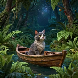 cat in a boat, ferns, jungle, night, stars, highly detailed, 3 d, unreal engine render concept art, style of henri rousseau and richard scarry and hiroshi yoshida and etel adnan