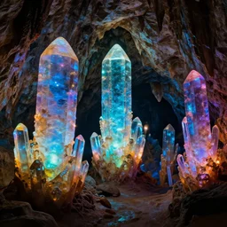 a cave with huge rgb glowing crystals in the walls, art by donato giancola and greg rutkowski