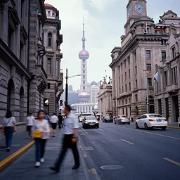 color photo of the streets of modern Shanghai, motion blur, by Ernst Haas