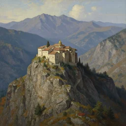 detailed naturalism landscape painting of a monastery on the top of a rough, steep mountain with great view on other mountains, epic