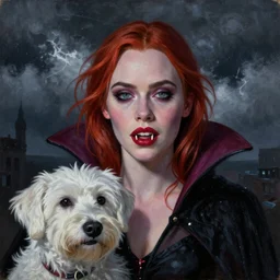 Elle Fanning as a vampire with fangs with a white dog in the style of Paola Vetri, head and shoulders portrait, stormy weather, extremely detailed masterpiece, oil on canvas, low-key neon lighting, artstation, Blade Runner 2049, Roger Deakin’s cinematography, by J. C. Leyendecker and Peter Paul Rubens and Edward Hopper and Michael Sowa,