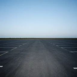 flash photography of a simple peaceful unnaturally expansive empty car park that stretches across the whole horizon and land