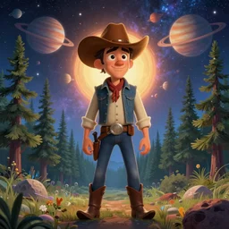 psychedelic, trippy, cowboy, pine forest, planets, milky way, cartoon by rob gonsalves