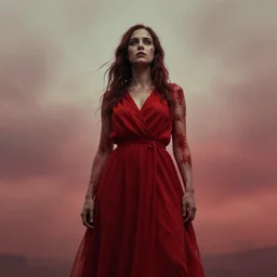 woman in red apocalypse sky