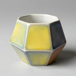 brightly colored dodecahedron ceramic mug with iridescent glaze