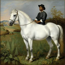 a painting of a black man next to a beautiful white horse in a weed field, in the style of pieter bruegel, amazing detail