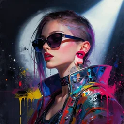 a cyberpunk girl wearing sunglasses, side portrait, passionate, spotlight, dramatic, paint drips, collage, mixed media, paint splatter, vibrant colors, futuristic clothing, beautiful eyes, digital painting by marco paludet, by jeremy mann, by hannah hoch
