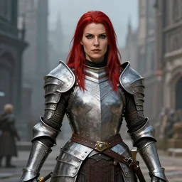 portrait, a female dwarven warrior wearing iron breastplate, dungeons and dragons, bold and proud, highly detailed, sharp focus, in the city, full rendered, trending on artstation by john willian waterhouse