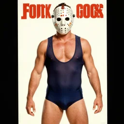 Pinup poster of buff Jason Voorhees in a speedo