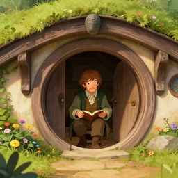 bilbo baggins inside a medieval hobbit house, ornate, beautiful, atmosphere, vibe, flowers, concept art illustration, color page, 4 k, tone mapping, doll, akihiko yoshida, james jean, andrei riabovitchev, marc simonetti, yoshitaka amano, digital illustration, greg rutowski, volumetric lighting, sunbeams, particles