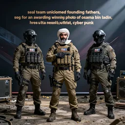 “ seal team uniformed founding fathers, posing for an awarding winning photo of osama bin ladin, ultra realist, tactical gear, cyber punk ”