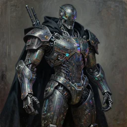 dark cyborg armour made of intricate complex circuitry and microchips, iridescent, powerful warrior assassin, black cloak, colorful, intricate linework, gothic baroque, realistic oil painting, rutkowski, wlop, chebokha, artgerm