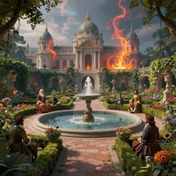 a beautiful garden, next to a fountain and a mystical palace. by artstation trending, by joseph mallord william turner, luis royo, konstantin razumov, cinematic lighting, fractal flame, highly detailed