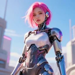 kim hyun joo as a cyborg with rose hair, cyborg, warframe, colorful, cinematic, illuminated, sunny day, beautiful girl, advanced technology, futuristic, art by ilya kuvshinov, akiko takase