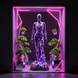 beautiful mannequin sculpted out of amethyst by billelis + lit with purple 3 d geometric neon + chrome geometric cubed bonsai plants!!!!, doorway opening with neon pink geometric light, clean linework, dramatic, finely detailed, rule of thirds, moody, confident, award winning, 4 k, trending on artstation, photorealistic, volumetric lighting, octane render