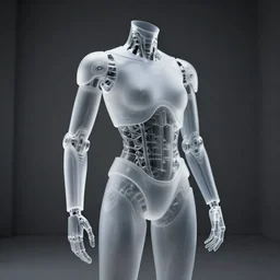 minimalistic chromium cybernetic endoskeleton in a dark gray room : : highly detailed : : frosted glass like translucent armor