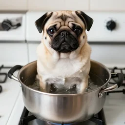 An adorable pug sitting in a pot of water atop a stove, high resolution photograph - n 8