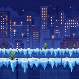 beauiful background painting of an ice level of a 2 d sidescroller game, a city full of light in the distance, night time, video game art, pixel art, concept art, vivid and romantic, impressionism, ultra detailed, cool lighting, trending on artstation