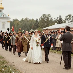 a wide full shot, colored russian and japanese mix historical fantasy of a photograph taken of a royal wedding processional ceremony, photographic realistic, warm lighting, 1 9 0 7 photo from the official wedding photographer for the royal wedding.
