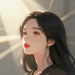 backlit fantasy portrait illustration of humble woman's face with black hair and red lipstick, radiant beams of sunlight radiating upward, trending on artstation, digital art ( by jesper ejsing ) ( by clint cearley ) ( by raluca marinescu )