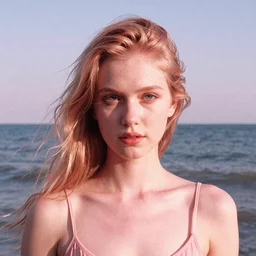 vintage aged analog portrait of a beautiful pale young woman, the ocean visible in the background, pink tones, red color bleed, sunshine, film grain