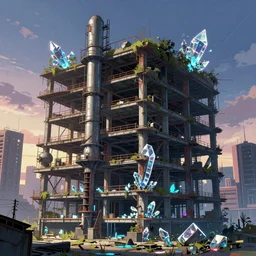 a beautiful detailed anime illustration of industrial architecture building nature unfinished building chamber architecture city urbex by diebedo francis kere, bladerunner 2 0 4 9 at dawn magic realism retrowave reclaimed by nature assassin's creed galactic neon noir crystal hyperrealism, archdaily, wallpaper, highly detailed, trending on artstation.