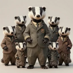 a group of badgers in 1 9 4 0 s suits, standing upright like people, anthropomorphic, style of beatrix potter, rendered as a highly detailed photograph
